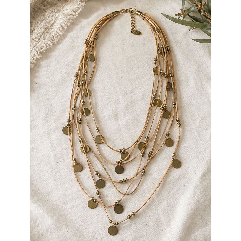 Plunder Layered Faux Leather Gold Coin Disc Boho Statement Necklace - Picture 2 of 9